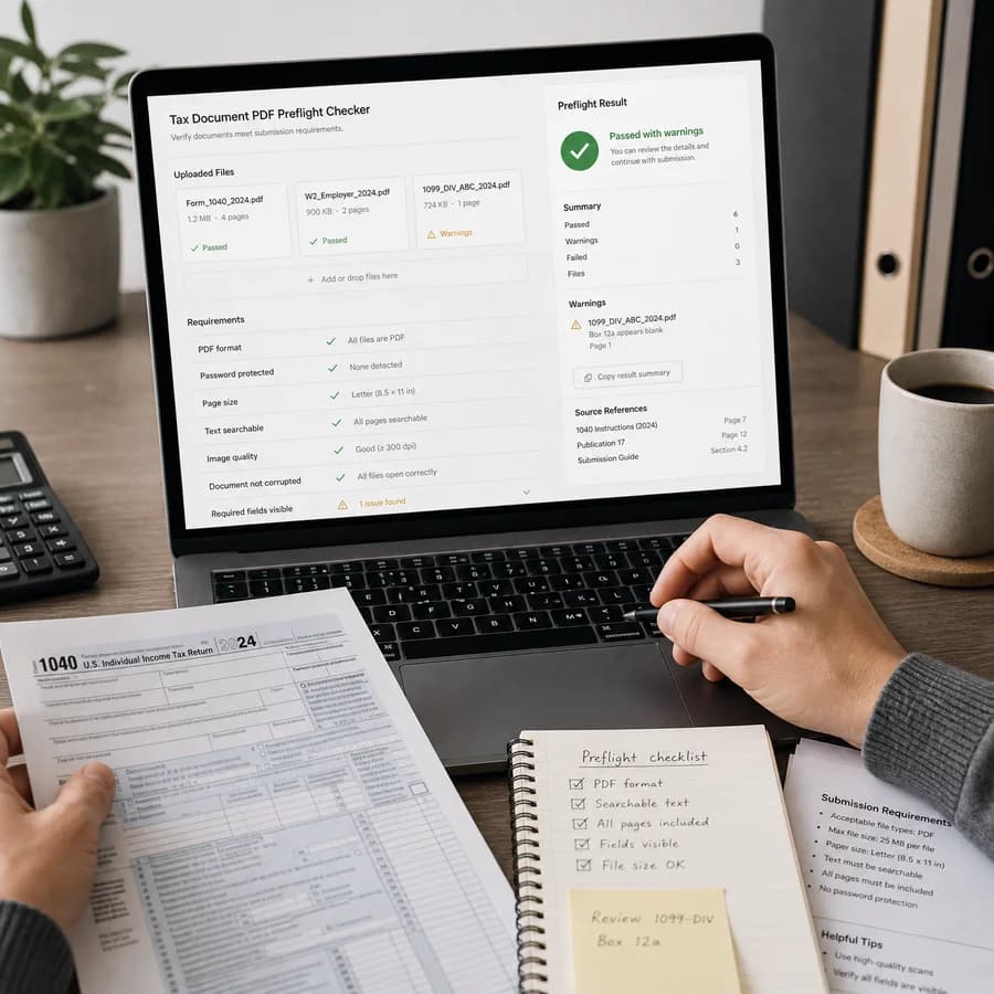 Tax Document PDF Preflight Checker preview showing a browser preflight checklist and source-backed verification results