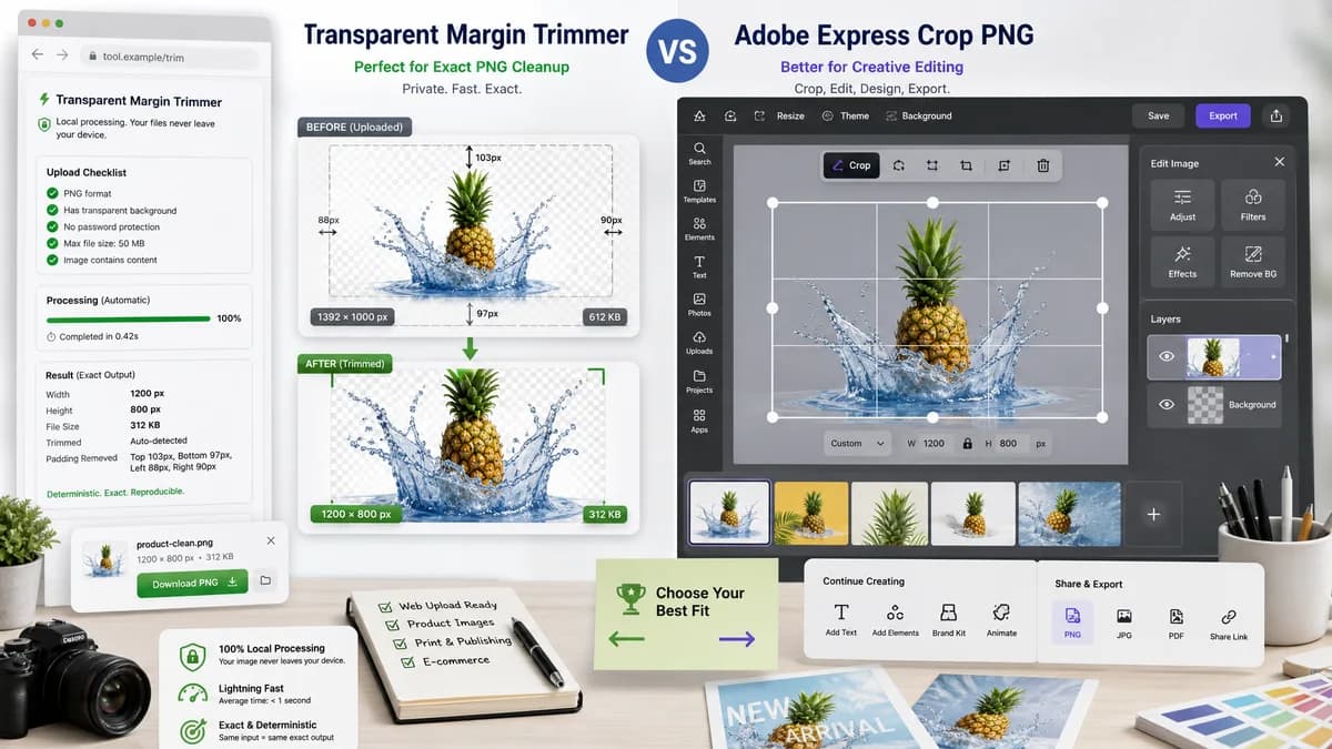 Transparent Margin Trimmer vs Adobe Express Crop PNG visual comparison of image optimization workflows
