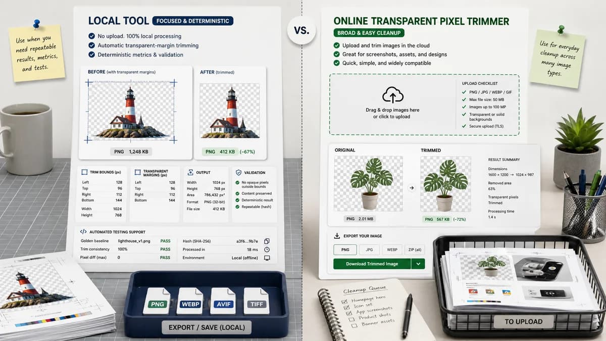 Transparent Margin Trimmer vs Folge Trim Transparent Pixels visual comparison of image optimization workflows