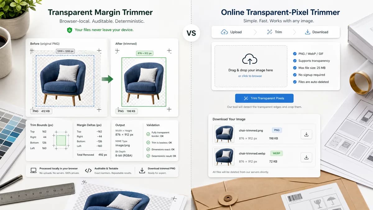 Transparent Margin Trimmer vs Image Online Tools Trim Transparent Pixels visual comparison of image optimization workflows