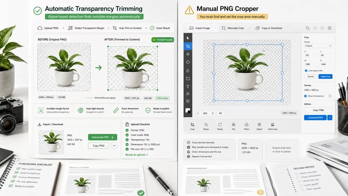 Transparent Margin Trimmer vs Online PNG Tools Crop PNG visual comparison of image optimization workflows