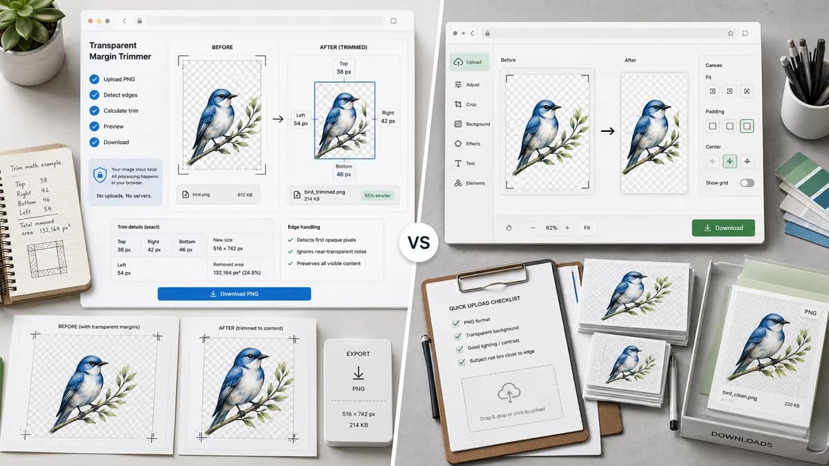 Transparent Margin Trimmer vs PicEditor Trim Transparent Pixels visual comparison of image optimization workflows