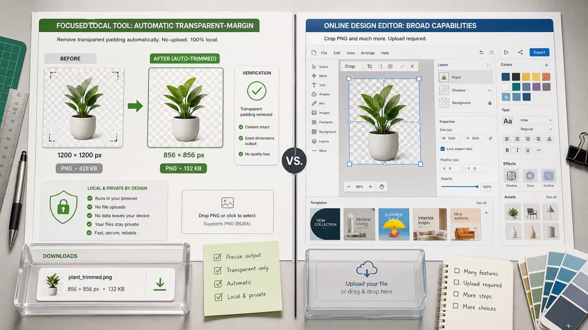 Transparent Margin Trimmer vs Pixelied Crop PNG visual comparison of image optimization workflows