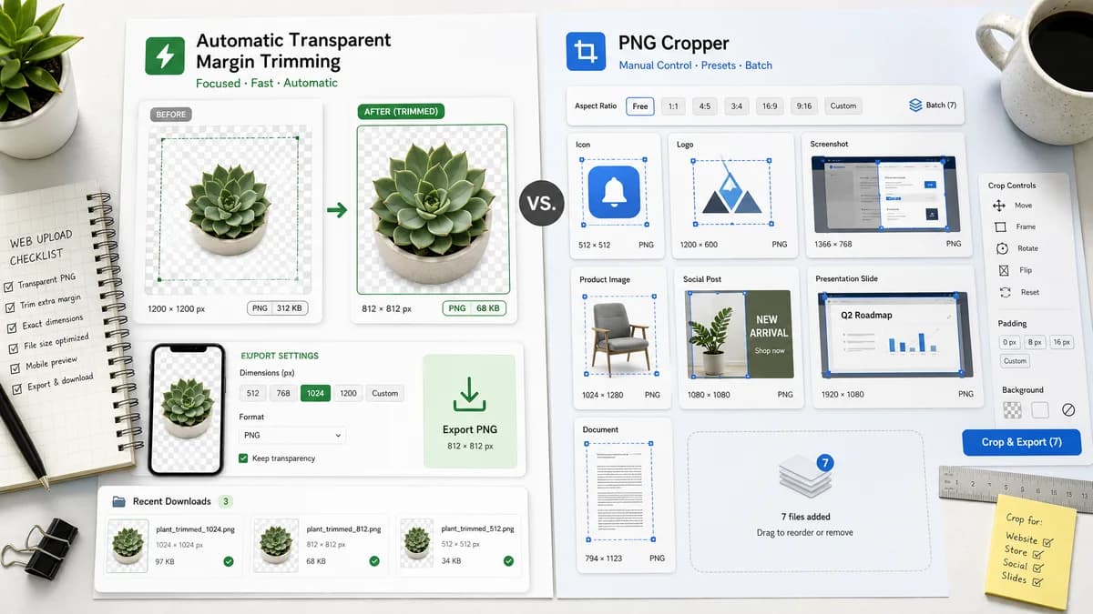 Transparent Margin Trimmer vs Watermarkly Crop PNG visual comparison of image optimization workflows