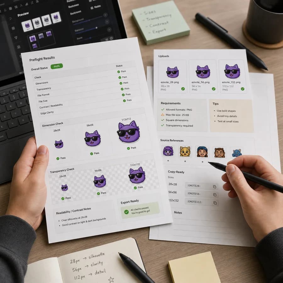 Twitch Emote Badge Size Checker preview showing a browser preflight checklist and source-backed verification results