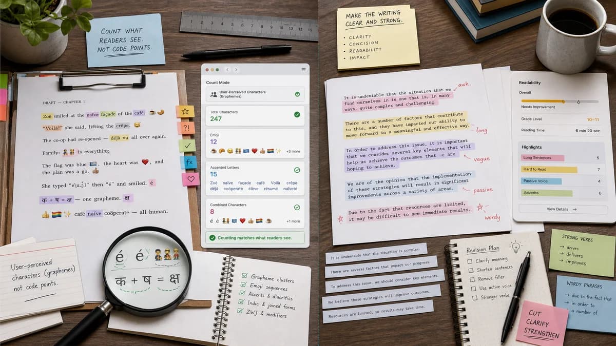 Unicode Grapheme and Emoji-Aware Counter vs Hemingway Editor comparison detail image