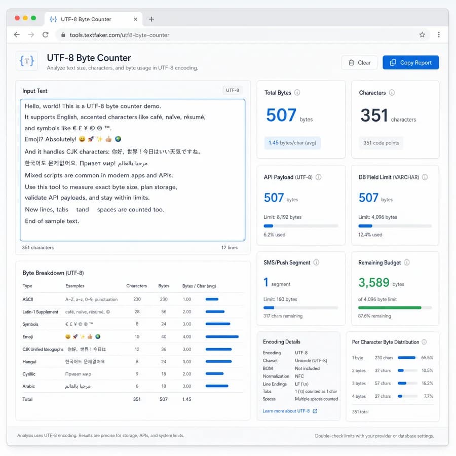 UTF-8 Byte Counter browser interface preview with text metrics and result panels