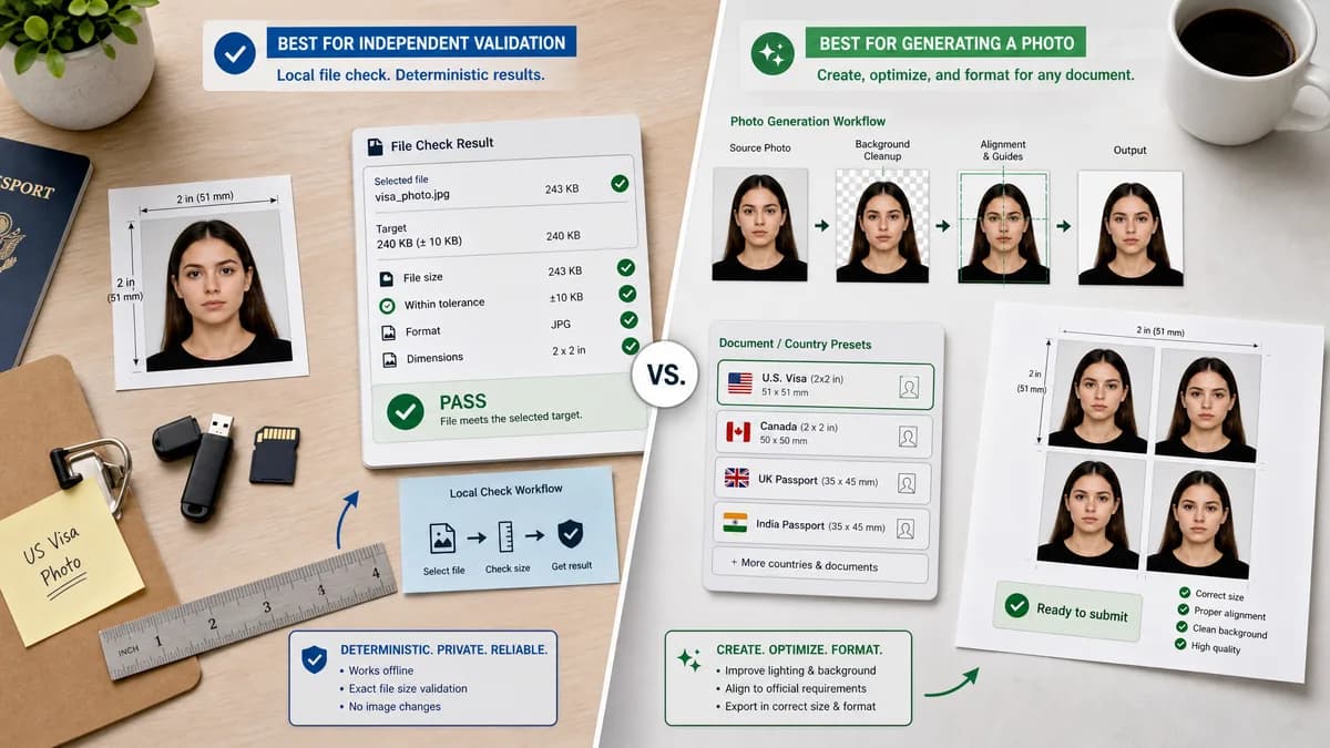 Visa Photo File Size Checker vs MakePassportPhoto US Visa visual comparison of visa photo file size checker workflows