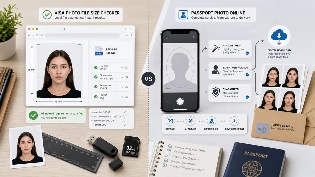 Visa Photo File Size Checker vs Passport Photo Online visual comparison of visa photo file size checker workflows