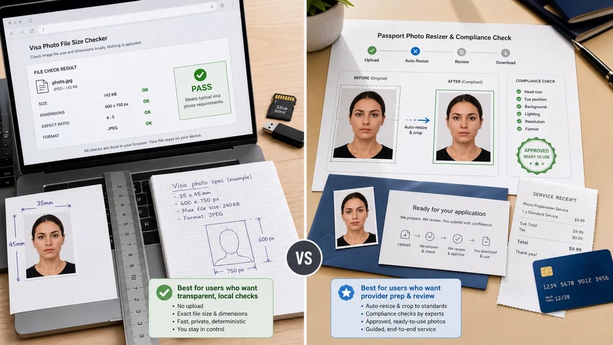 Visa Photo File Size Checker vs PhotoAiD Passport Photo Resizer visual comparison of visa photo file size checker workflows