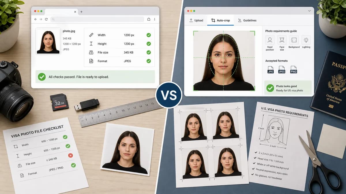 Visa Photo File Size Checker vs PhotoGov US Visa Photo visual comparison of visa photo file size checker workflows