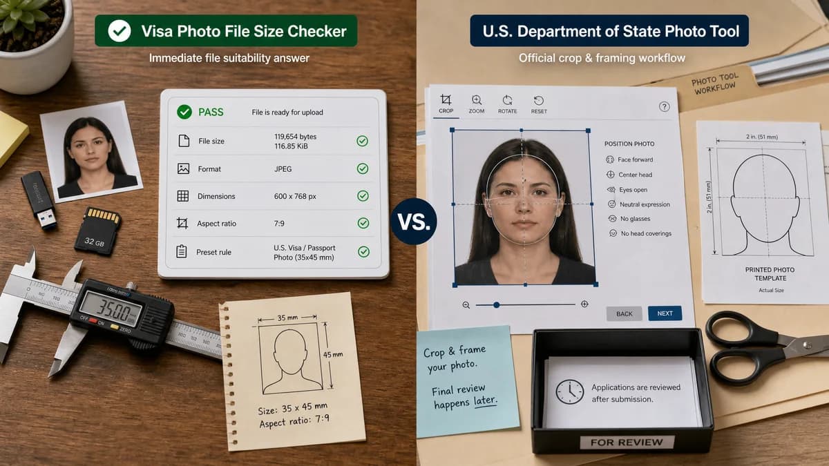 Visa Photo File Size Checker vs U.S. Department of State Photo Tool visual comparison of visa photo file size checker workflows