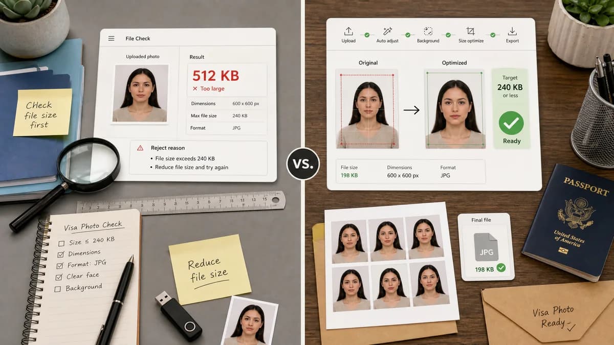 Visa Photo File Size Checker vs Visafoto 240 KB US Visa Photo visual comparison of visa photo file size checker workflows