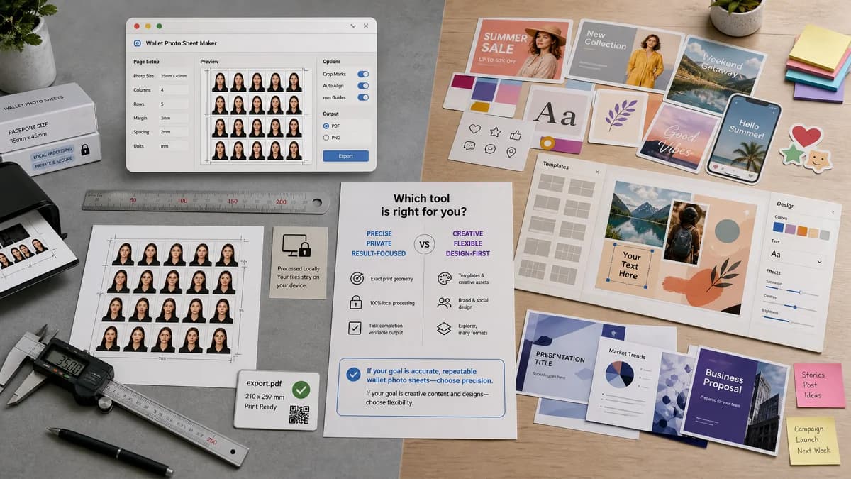 Wallet Photo Sheet Maker vs Adobe Express Photo Collage Maker visual comparison of wallet photo sheet maker workflows