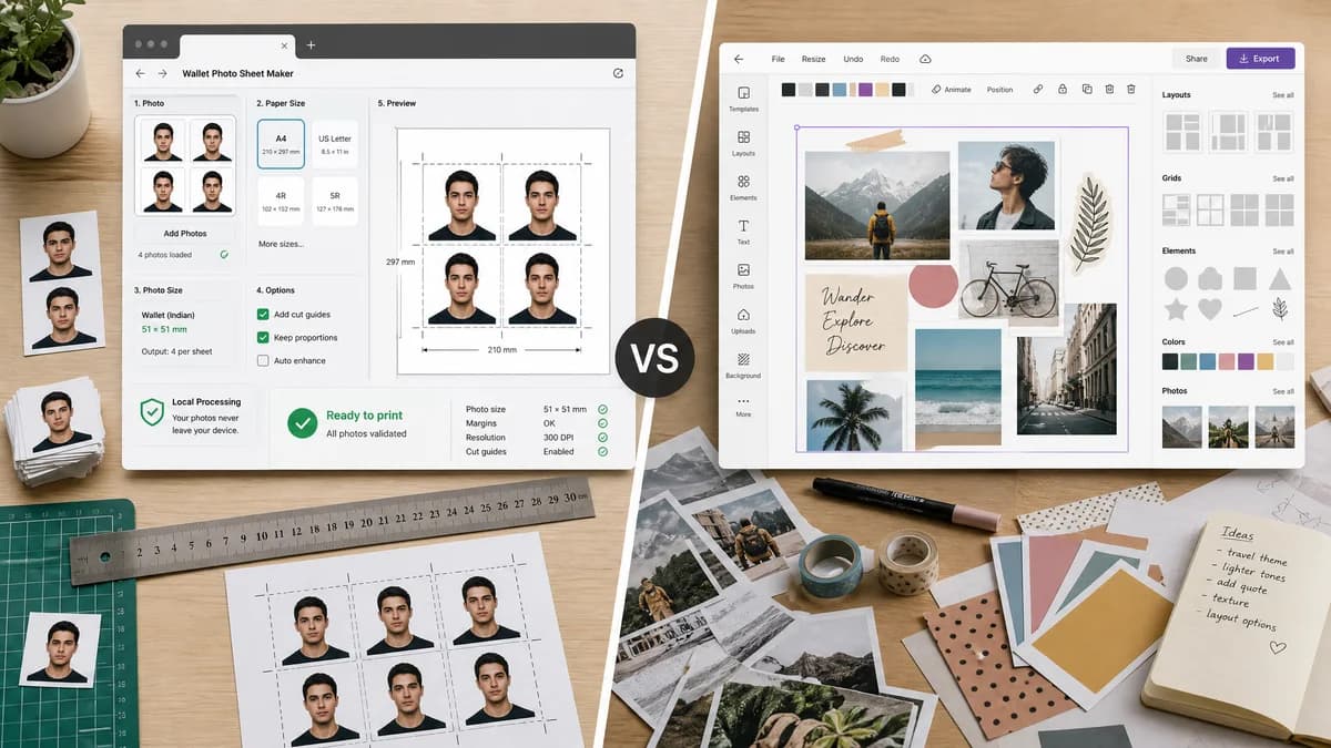 Wallet Photo Sheet Maker vs Canva Photo Collage Maker visual comparison of wallet photo sheet maker workflows