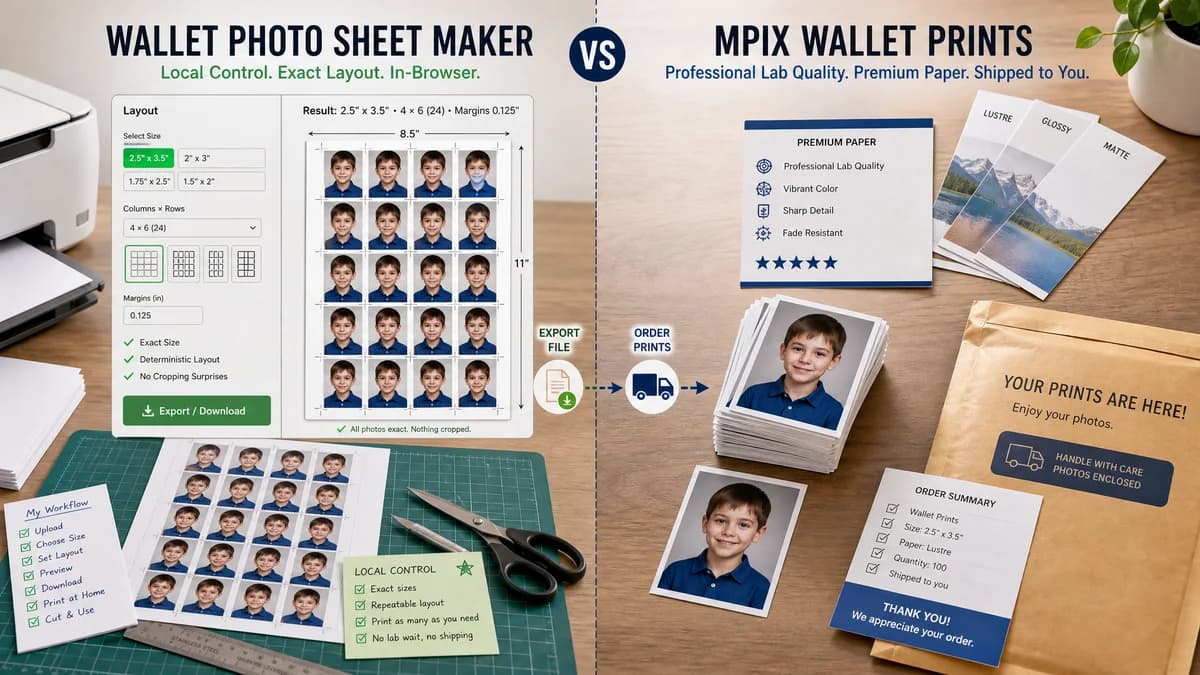 Wallet Photo Sheet Maker vs Mpix Wallet Prints visual comparison of wallet photo sheet maker workflows