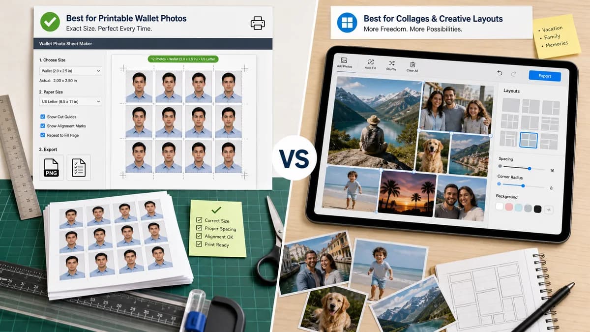 Wallet Photo Sheet Maker vs PhotoJoiner Collage Maker visual comparison of wallet photo sheet maker workflows