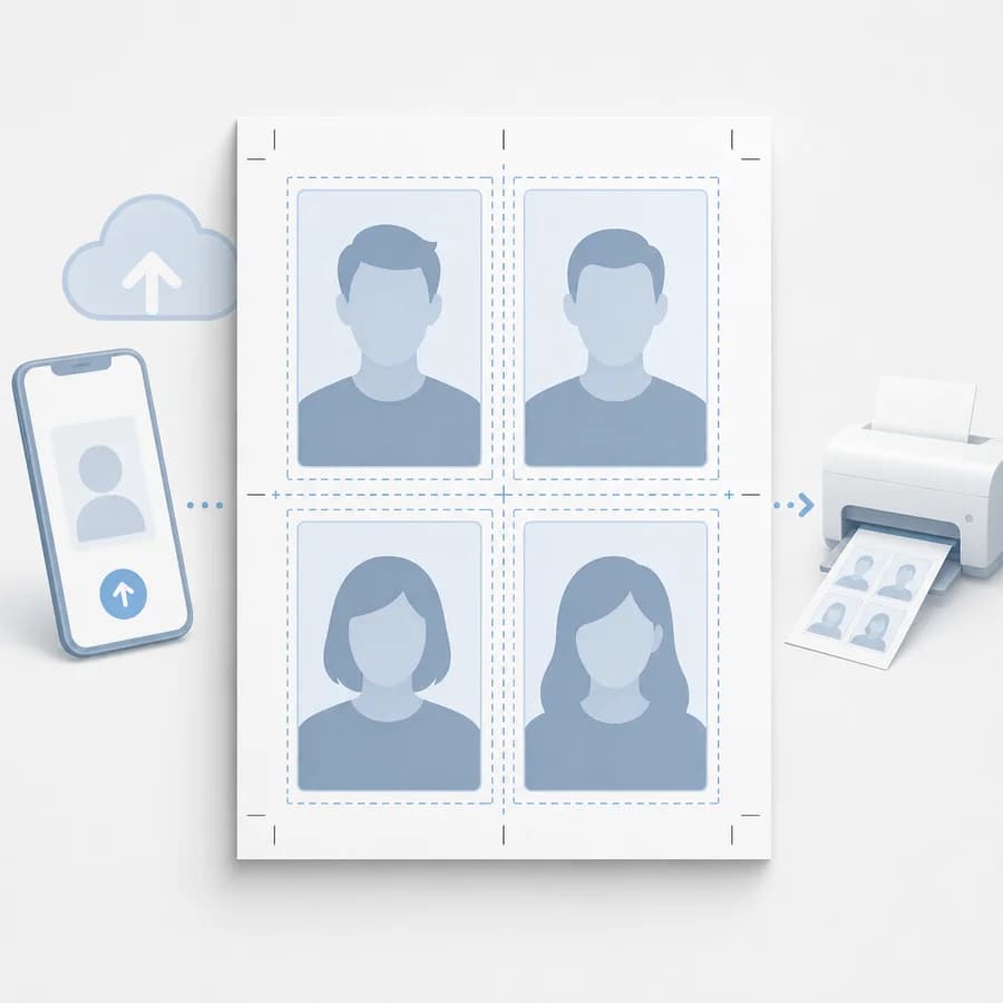 Wallet Photo Sheet Maker preview showing a printable sheet of small wallet photos