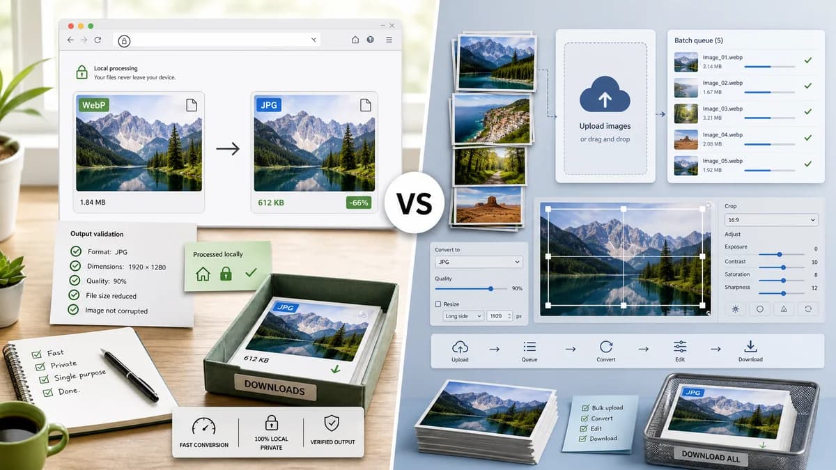 WebP to JPG Converter vs Pixelied visual comparison of image optimization workflows
