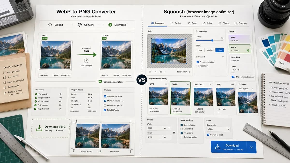 WebP to PNG Converter vs Squoosh visual comparison of image optimization workflows