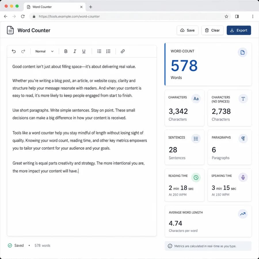 Word Counter browser interface preview with text metrics and result panels