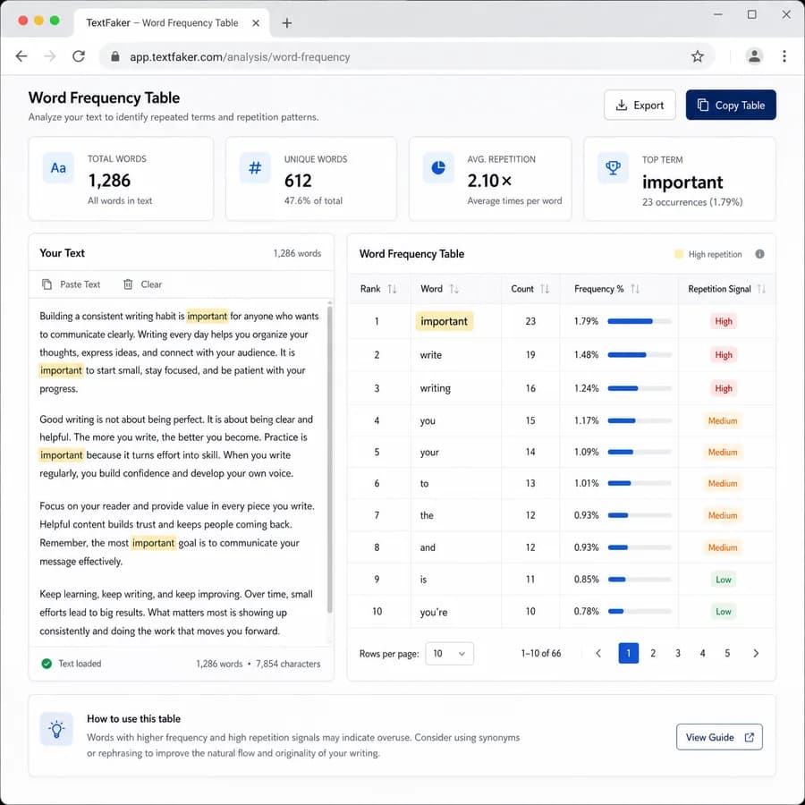 Word Frequency Table browser interface preview with text metrics and result panels