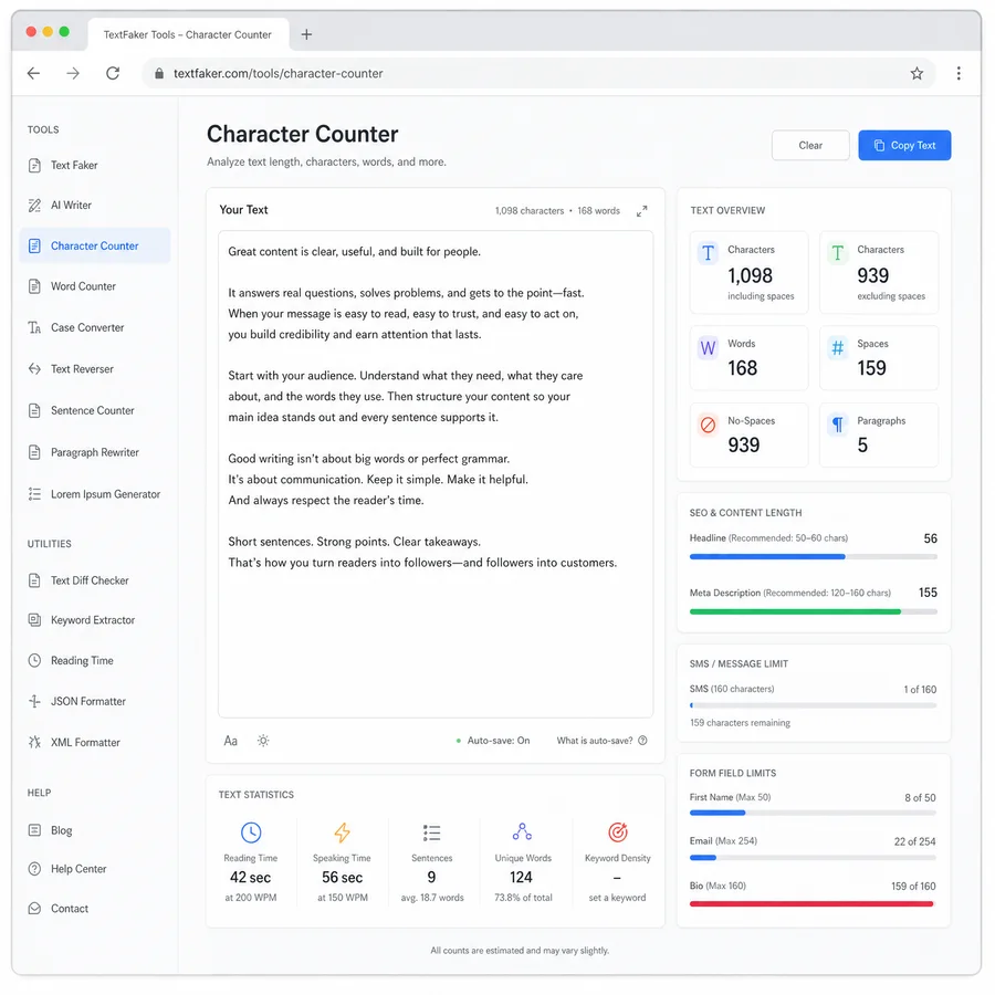 Character Counter - Browser Text Metrics Tool