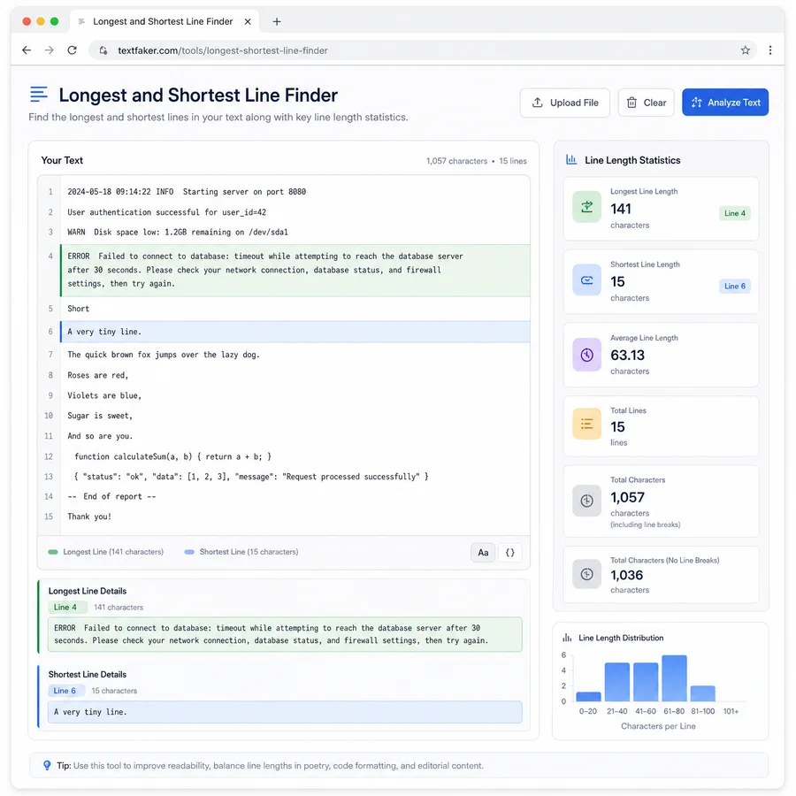 Longest and Shortest Line Finder - Browser Text Metrics Tool