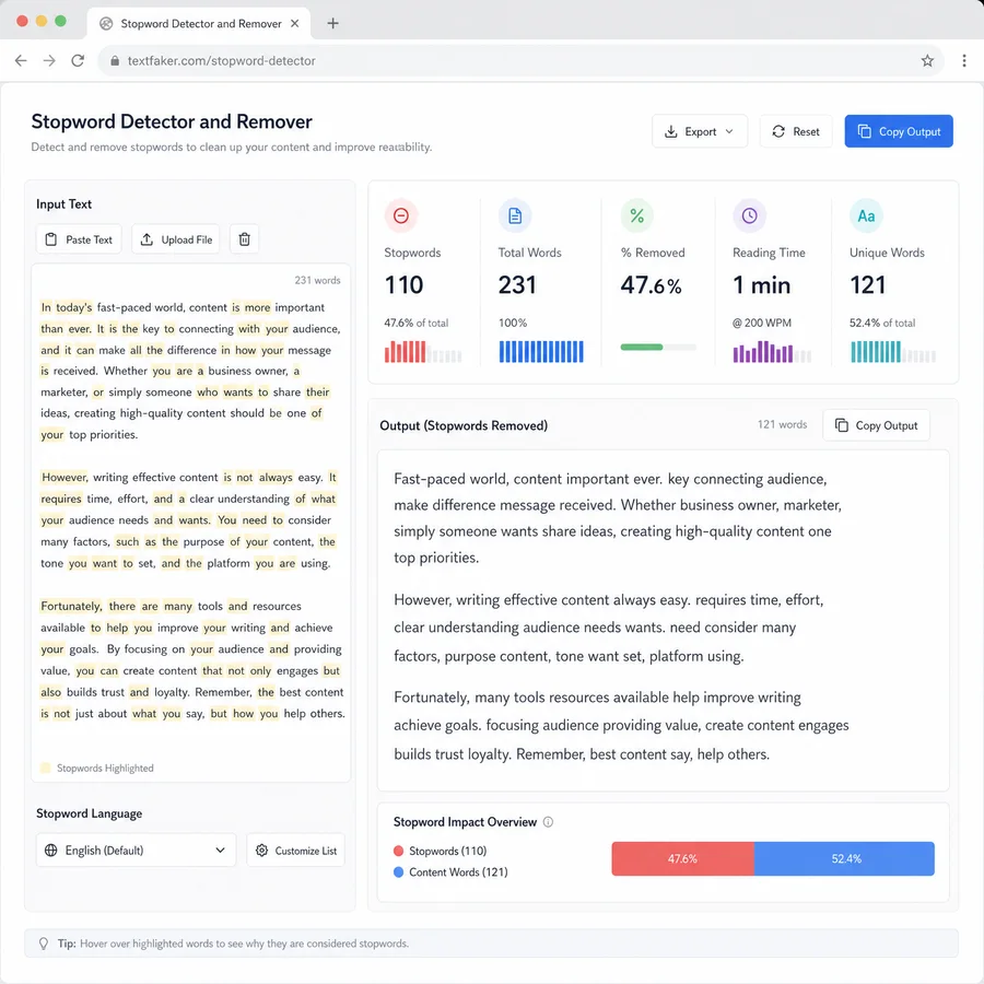 Stopword Detector and Remover - Browser Text Metrics Tool