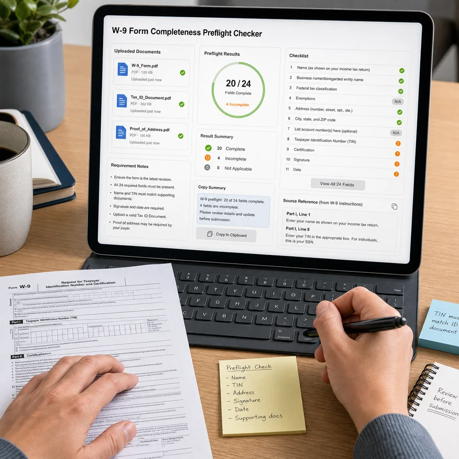 W-9 Form Completeness Preflight Checker - Browser Preflight Validator